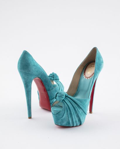 null Christian LOUBOUTIN :Turquoise suede open-toe platform shoes with stylized bow...