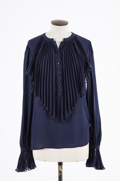 null ESCADA: Midnight blue silk shirt, single breasted, pleated effect on the front,...