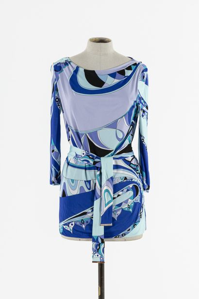 null EMILIO PUCCI: Blue viscose tunic decorated with stylized motifs in shades of...