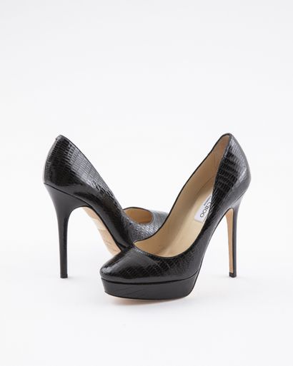 null JIMMY CHOO: Round-toed platform pumps in black reptile leather S.38, HT. Heel...