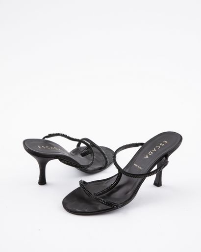 null ESCADA: Pair of leather mules adorned with black rhinestones and satin T.37,5H....