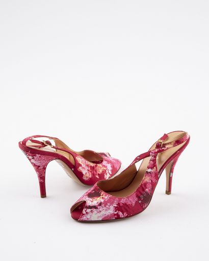 null ESCADA: Open-toe leather pumps covered with currant and pink satin, strap closure....