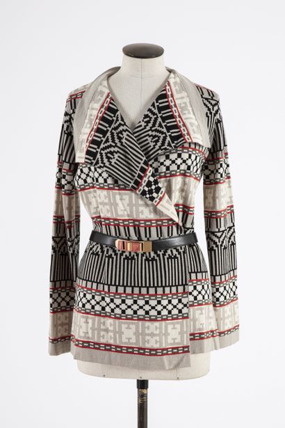 null ESCADA: Beige wool vest with coral and black geometric patterns, long sleeves,...