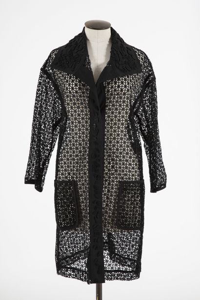 null ESCADA: Long jacket in black openwork polyester, wide collar with sewn-in lozenges,...