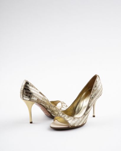 null SERGIO ROSSI: Pair of gold leather open-toed pumps embellished with silver herringbone...