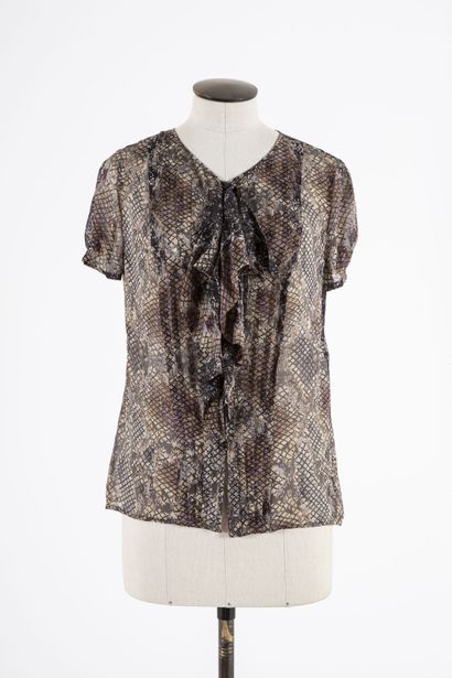 null ESCADA: Silk shirt with stylized beige-brown-gray patterns, V-neckline, single...