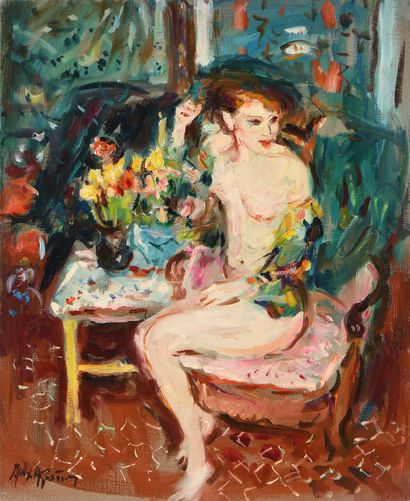null Max AGOSTINI (1914-1997) Janet nue assise sur un fauteuil rose Huile sur toile....