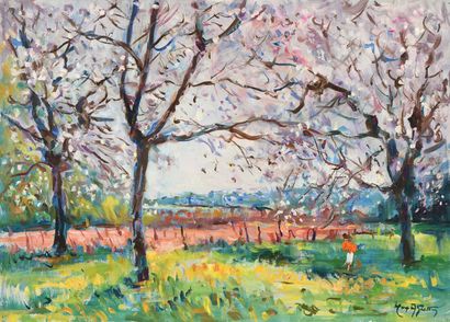 null Max AGOSTINI (1914-1997) Jeune femme à la blouse orange sous les arbres en fleur...