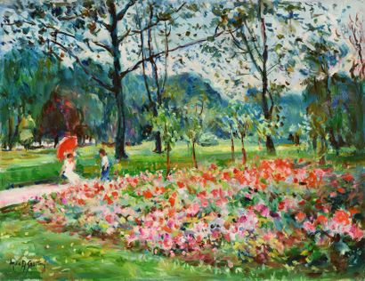 null Max AGOSTINI (1914-1997) Jeune femme à l ombrelle rouge dans un parc fleuri...