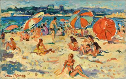 null Max AGOSTINI (1914-1997) Les grands parasols sur la plage du Prado à Marseille...