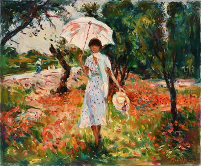 null Max AGOSTINI (1914-1997) La fille à l ombrelle au milieu des coquelicots Huile...