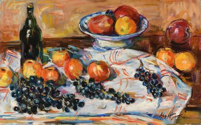 null Max AGOSTINI (1914-1997) Nature morte aux raisins et aux pommes Huile sur toile....