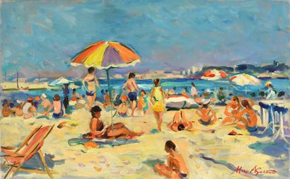 null Max AGOSTINI (1914-1997) Le parasol multicolore sur la plage du Prado à Marseille...