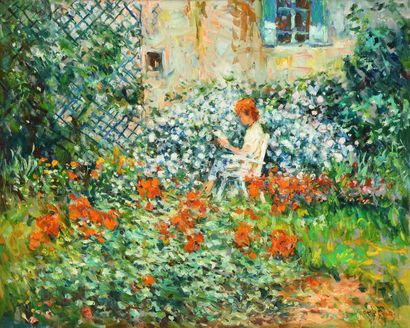 null Max AGOSTINI (1914-1997) Janet lisant au jardin Huile sur toile. Signée en bas...