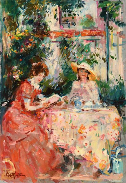 null Max AGOSTINI (1914-1997) Deux femmes assises sous la tonnelle Huile sur toile....