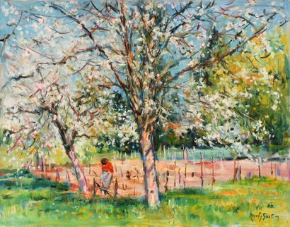 null Max AGOSTINI (1914-1997) Young woman at the foot of almond trees in bloom, Provence...