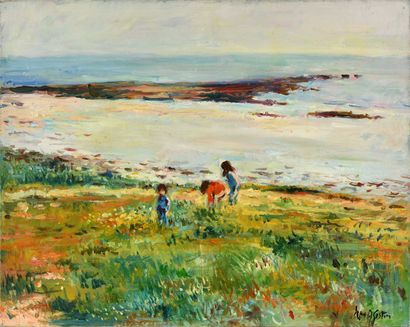 null Max AGOSTINI (1914-1997) Children on the moor in Quiberon Oil on canvas. Signed...
