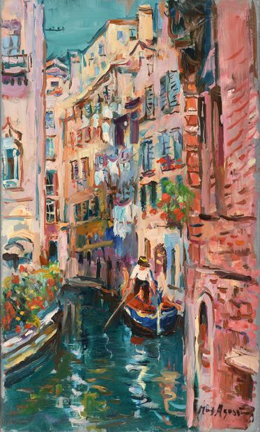 null Max AGOSTINI (1914-1997) Gondole dans un petit canal à Venise Huile sur toile....