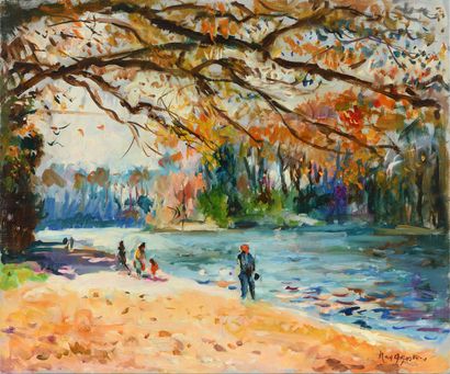 null Max AGOSTINI (1914-1997) The Lake of the Bois de Boulogne in autumn Oil on canvas....
