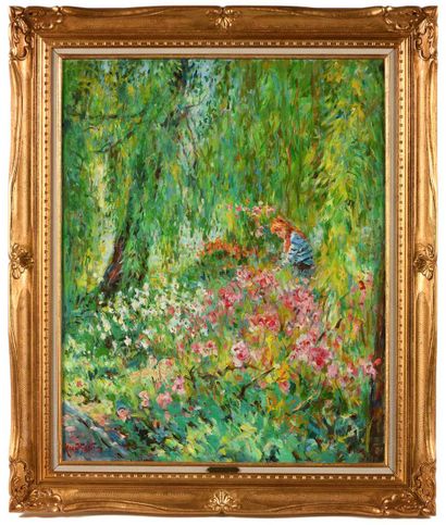 null Max AGOSTINI (1914-1997) Janet cueillant des roses à Giverny Huile sur toile....