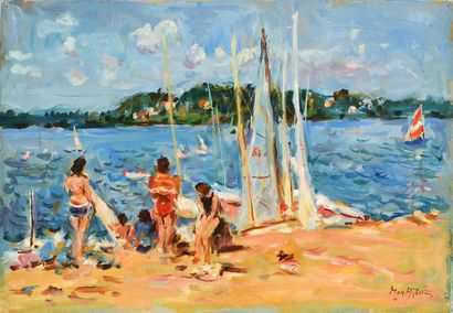 null Max AGOSTINI (1914-1997) Bathers on the shores of Lake Chambon, Indre Oil on...