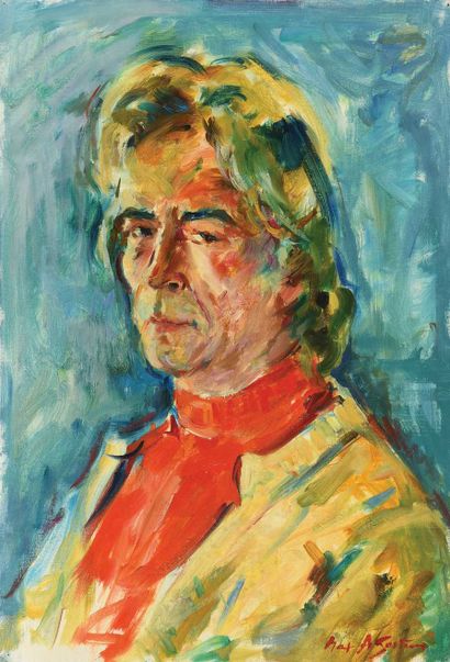 null Max AGOSTINI (1914-1997) Autoportrait au col roulé rouge Huile sur toile. Signée...