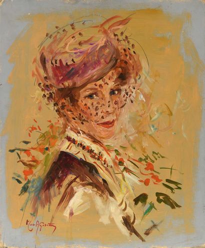 null Max AGOSTINI (1914-1997) Portrait de Janet à la voilette Panneau Isorel double...