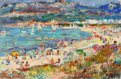 null Max AGOSTINI (1914-1997) La plage de San Ambrogio, Corse Huile sur toile. Signée...