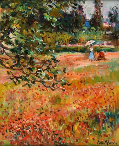null Max AGOSTINI (1914-1997) Femme à l ombrelle dans un champs de coquelicots Huile...