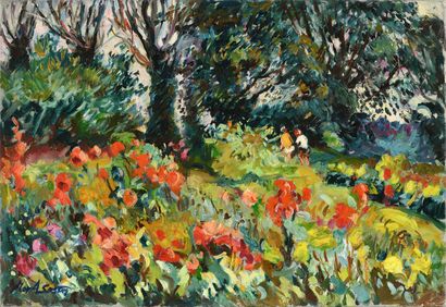 null Max AGOSTINI (1914-1997) Deux enfants dans un jardin fleuri Huile sur toile....