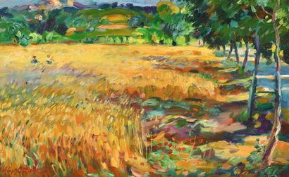 null Max AGOSTINI (1914-1997) Deux paysans dans un champ de blé en Provence Huile...