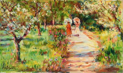 null Max AGOSTINI (1914-1997) Deux femmes dans l allée du jardin Huile sur toile....