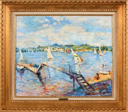 null Max AGOSTINI (1914-1997) Sailboats on Lake Eguson Oil on canvas. Signed lower...