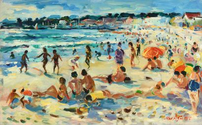null Max AGOSTINI (1914-1997) La plage les Lecques, environs de Bandol Huile sur...
