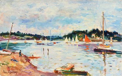 null Max AGOSTINI (1914-1997) Les voiles blanches sur le lac Chambon, Creuse Huile...