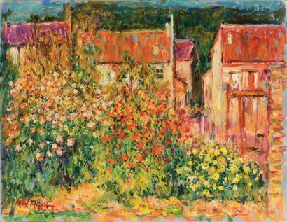 null Max AGOSTINI (1914-1997) Le hameau en fleur à Gargilesse Huile sur toile. Signée...