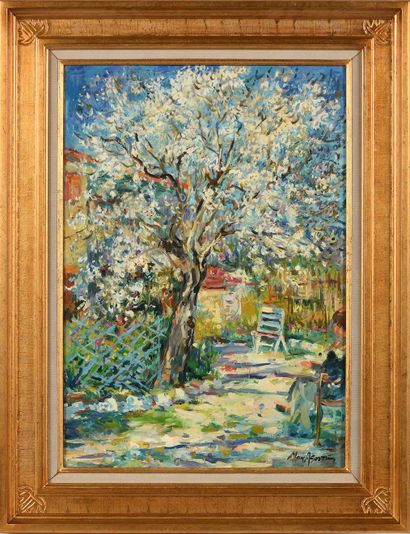 null Max AGOSTINI (1914-1997) Young woman in front of an almond tree in bloom Oil...
