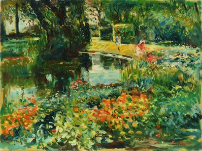 null Max AGOSTINI (1914-1997) Jeune fille en bord d étang Huile sur toile. Signée...