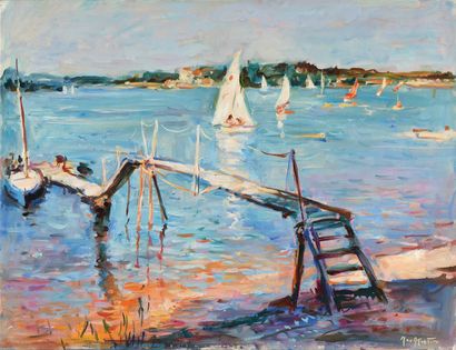 null Max AGOSTINI (1914-1997) Le ponton du lac d Eguson Huile sur toile. Signée en...
