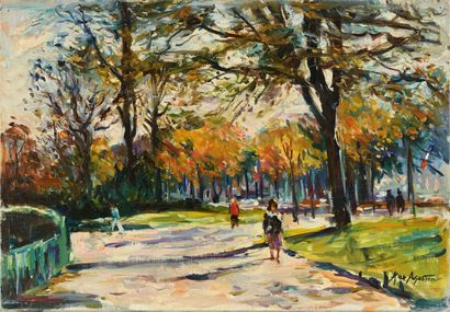 null Max AGOSTINI (1914-1997) Walker in the park Oil on canvas. Signed lower right....