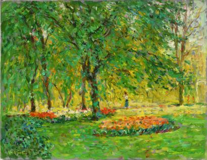 null Max AGOSTINI (1914-1997) Le parc fleuri au printemps Huile sur toile. Signée...
