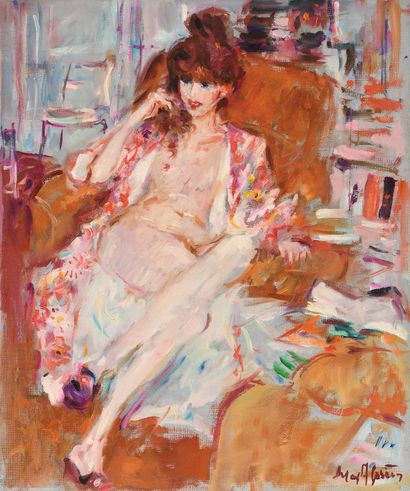 null Max AGOSTINI (1914-1997) Janet au kimono assise sur un fauteuil Huile sur toile....