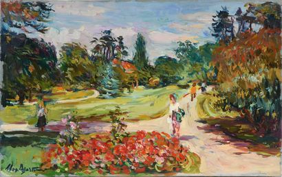 null Max AGOSTINI (1914-1997) Jeune femme au parc Huile sur toile. Signée en bas...