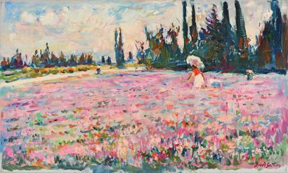 null Max AGOSTINI (1914-1997) Young woman with a parasol in the blue field Oil on...