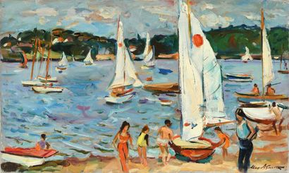 null Max AGOSTINI (1914-1997) Les voiles blanches sur le Lac Chambon, Indre Huile...