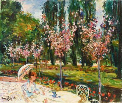 null Max AGOSTINI (1914-1997) Jeune femme à l ombrelle au parc floral Huile sur toile....