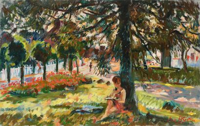 null Max AGOSTINI (1914-1997) Woman reading under a tree Oil on canvas. Signed lower...