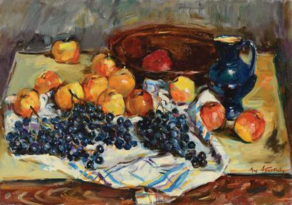 null Max AGOSTINI (1914-1997) Nature morte aux raisins et aux pommes Huile sur toile....
