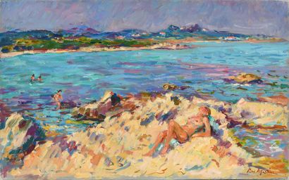 null Max AGOSTINI (1914-1997) Baigneuses sur une plage, Corse Huile sur toile. Signée...