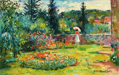 null Max AGOSTINI (1914-1997) Young woman with a parasol in a garden in Gargilesse...